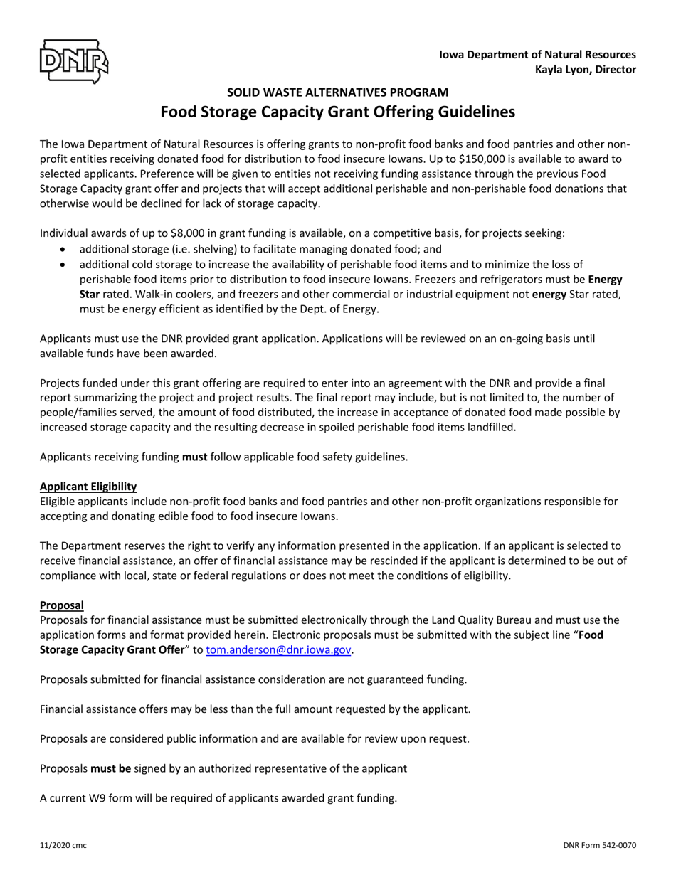 DNR Form 542-0070 Food Storage Capacity Grant Offering Application - Iowa, Page 1