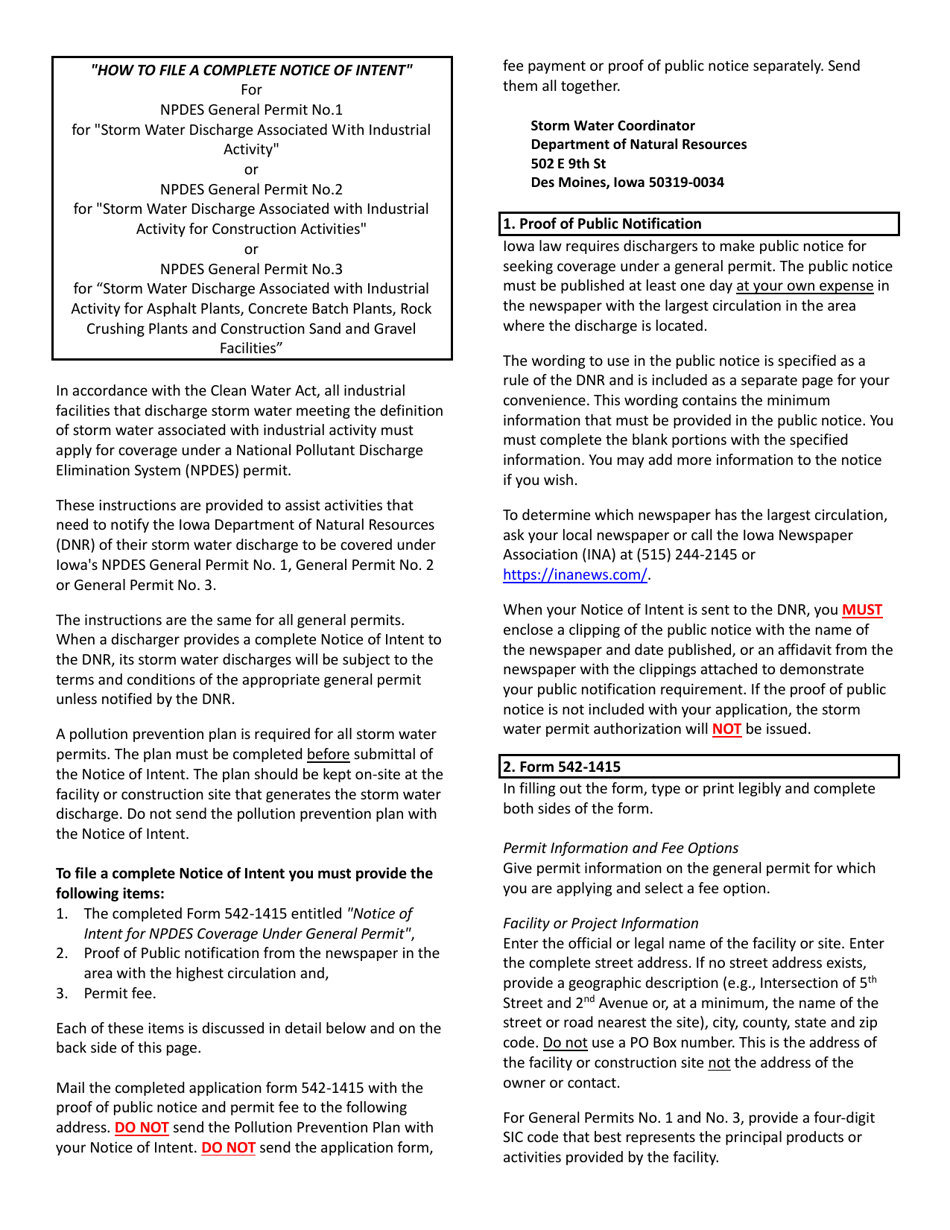 DNR Form 542-1415 Notice of Intent for Npdes Coverage Under General Permit - Iowa, Page 1