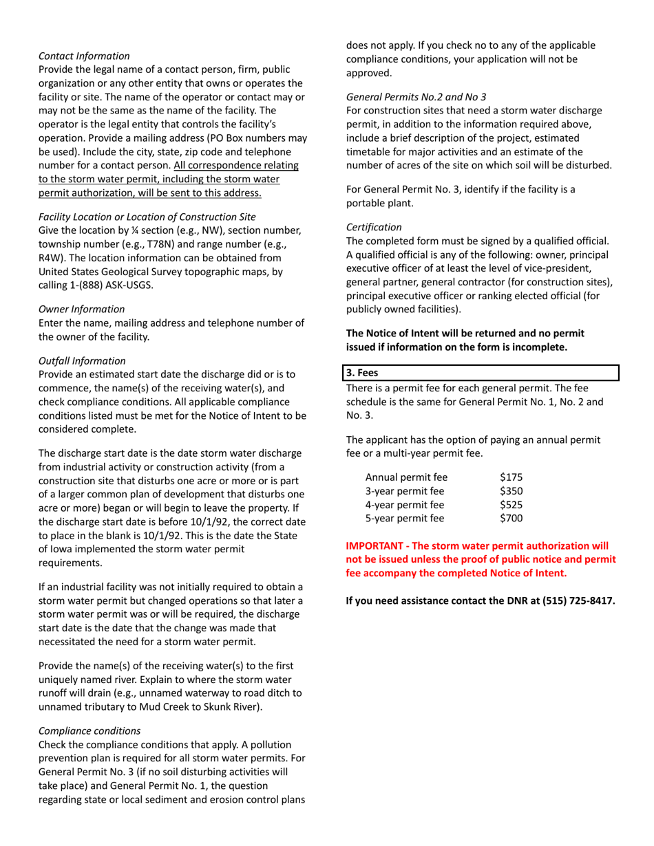 DNR Form 542-1415 Notice of Intent for Npdes Coverage Under General Permit - Iowa, Page 2
