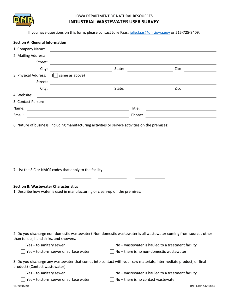 DNR Form 542-0833 Industrial Wastewater User Survey - Iowa, Page 1