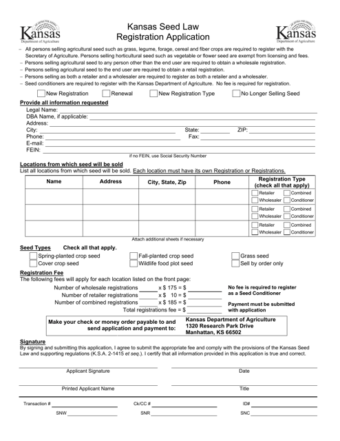 Kansas Seed Law Registration Application - Kansas Download Pdf