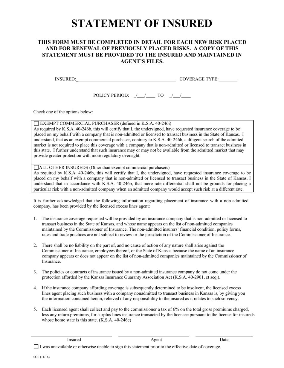 Form SOI Statement of Insured - Kansas, Page 1