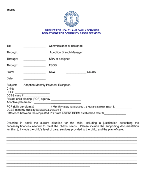 Adoption Monthly Payment Exception Memo - Kentucky Download Pdf