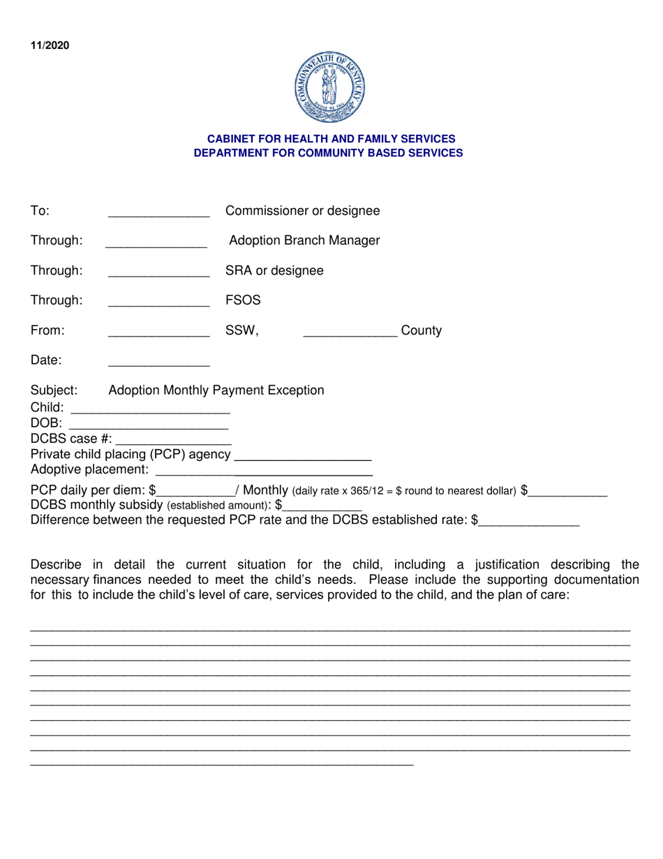 Kentucky Adoption Monthly Payment Exception Memo Fill Out, Sign
