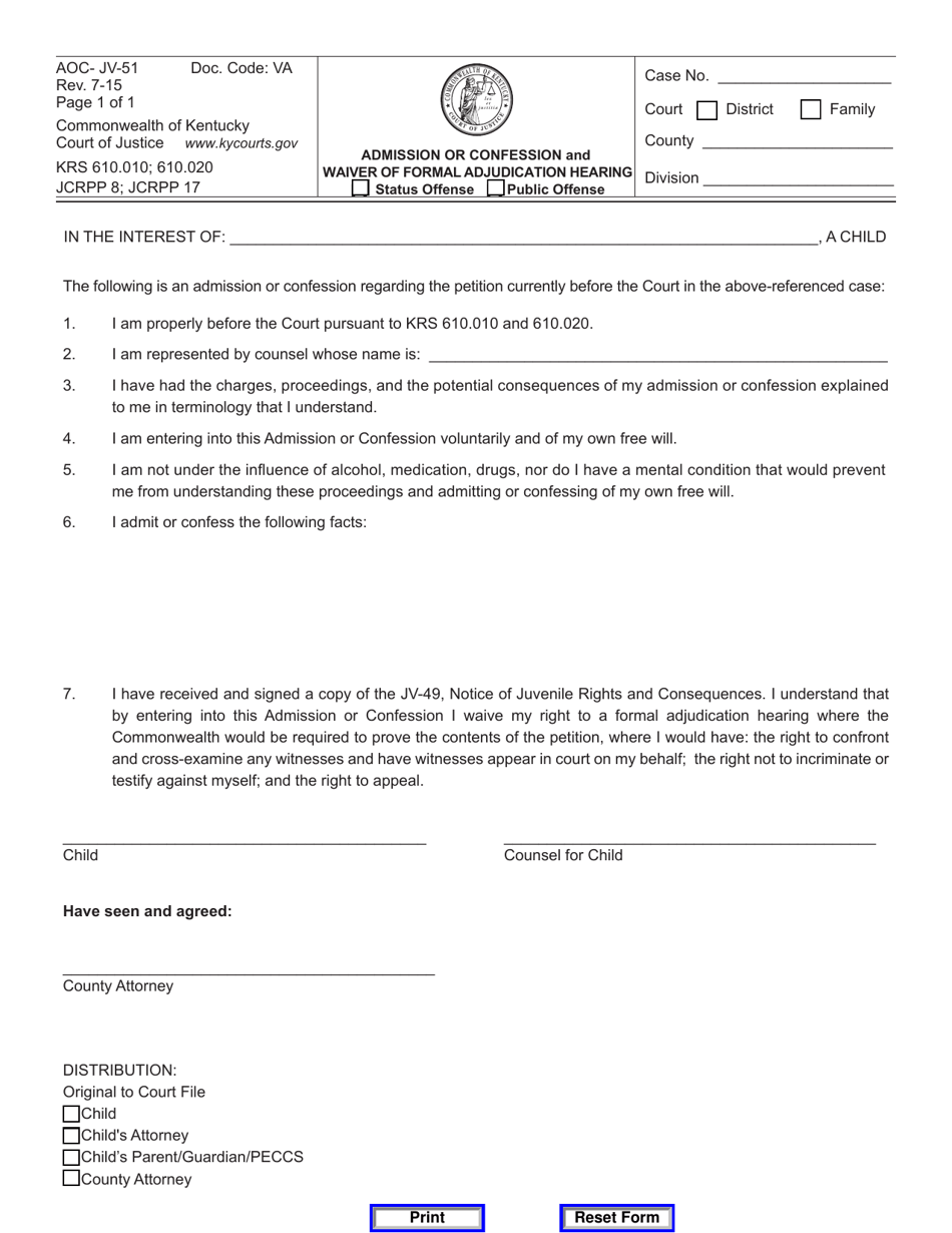 Form AOC-JV-51 Admission or Confession and Waiver of Formal Adjudication Hearing - Status Offense/Public Offense - Kentucky, Page 1