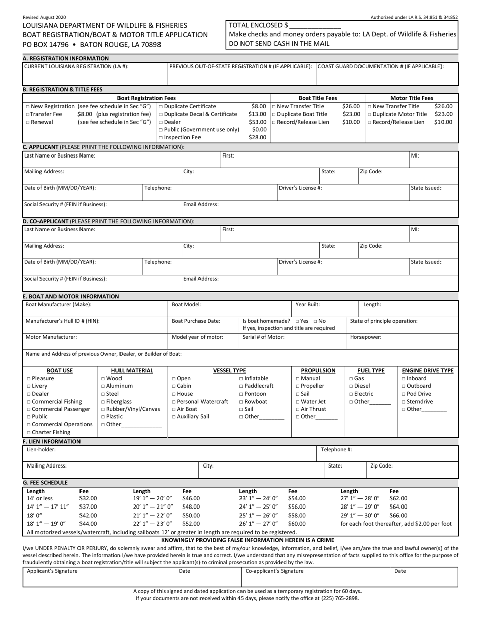 Boat Registration / Boat  Motor Title Application - Louisiana, Page 1