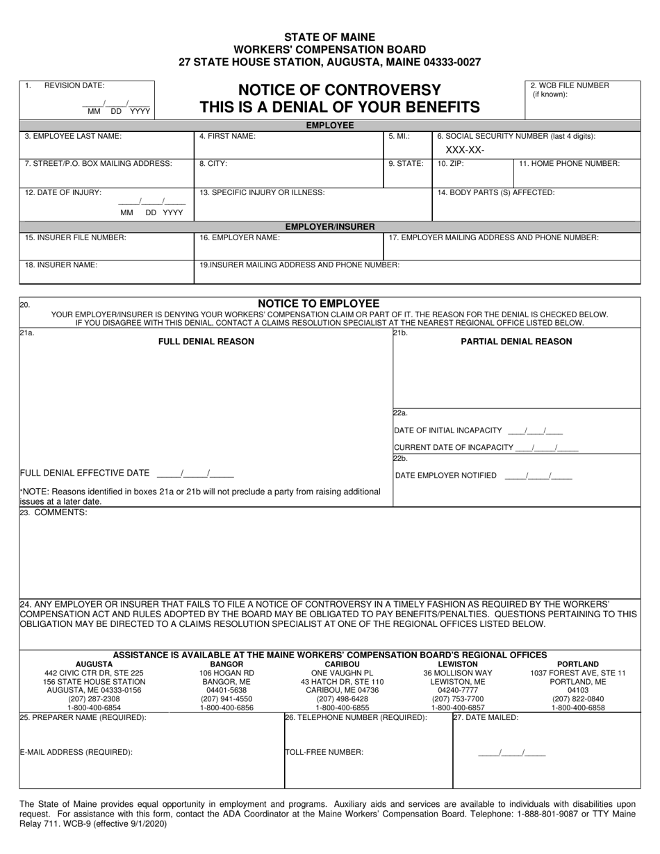 Form WCB-9 Notice of Controversy - Maine, Page 1