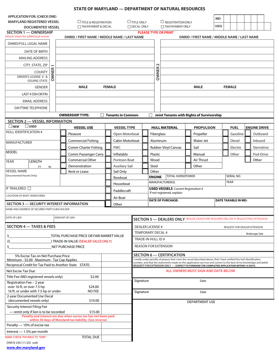DNR Form B-240 Boat Registration Form - Maryland, Page 1