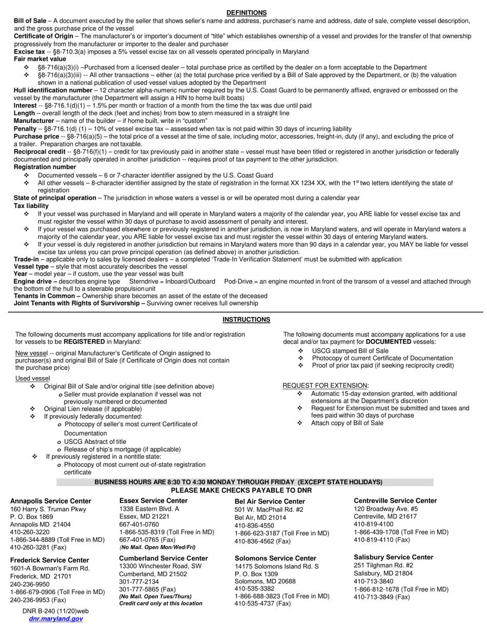 DNR Form B-240 Boat Registration Form - Maryland, Page 2