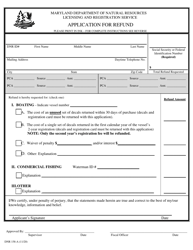 DNR Form 158-A Application for Refund - Maryland