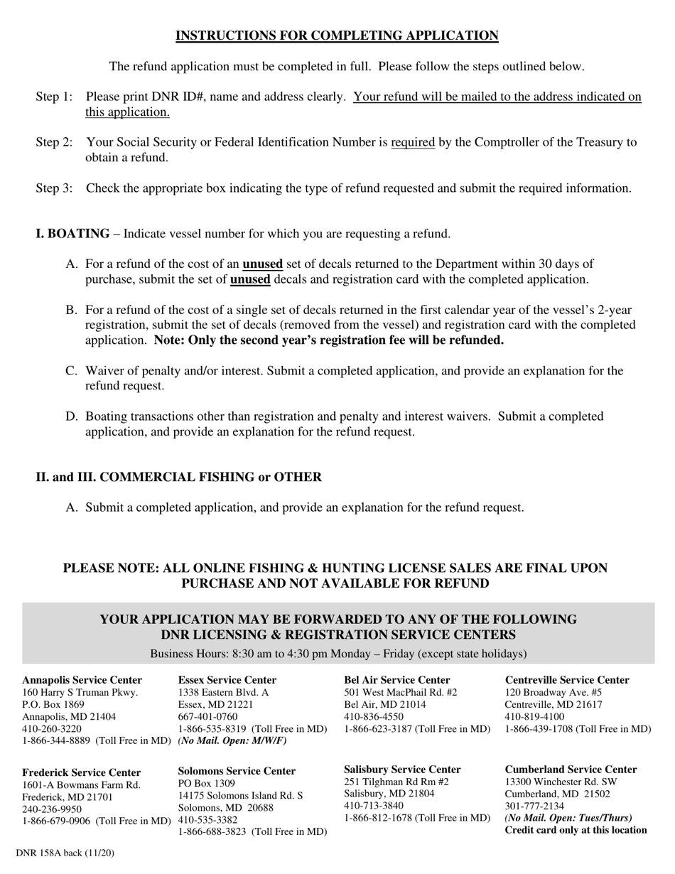DNR Form 158-A Application for Refund - Maryland, Page 2