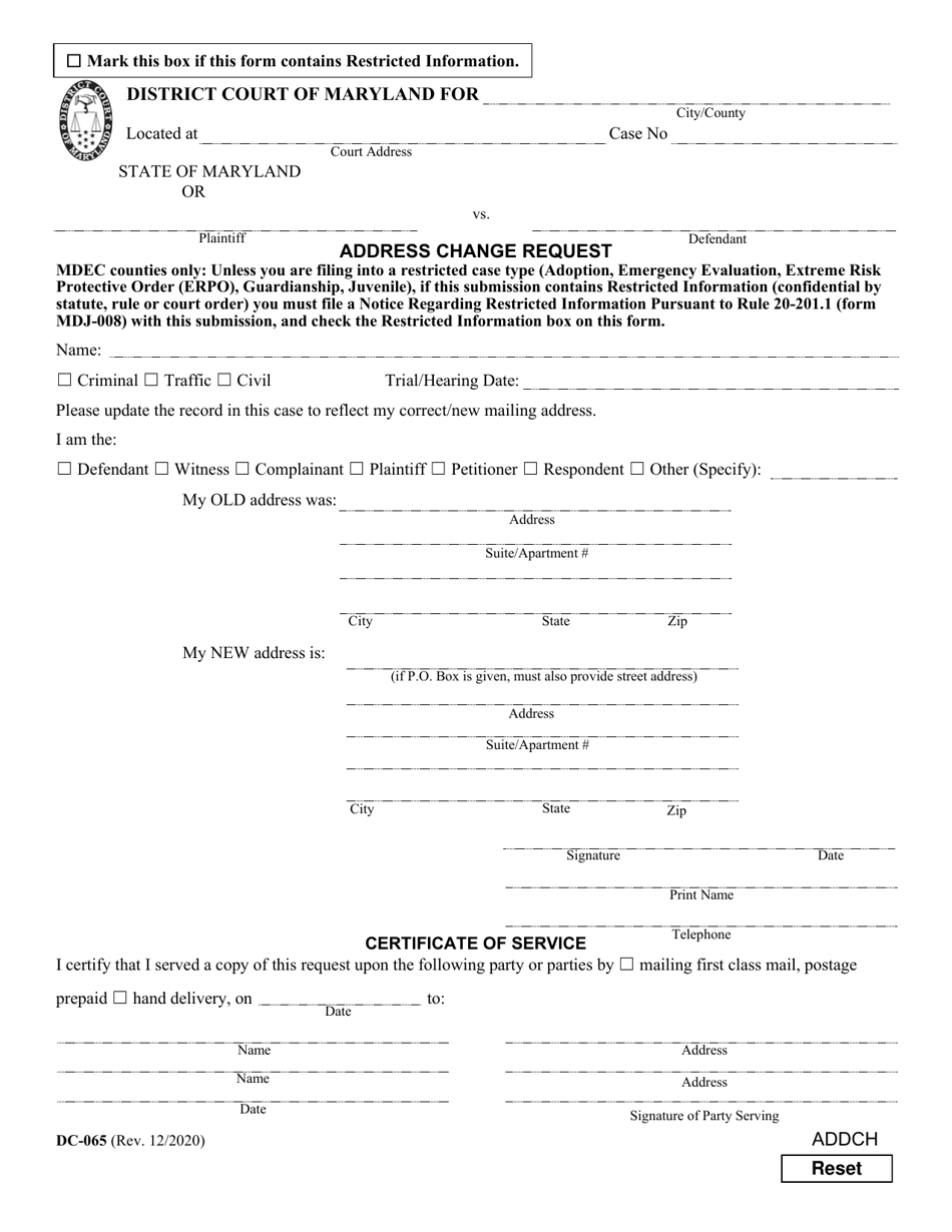 Form DC-065 Address Change Request - Maryland, Page 1