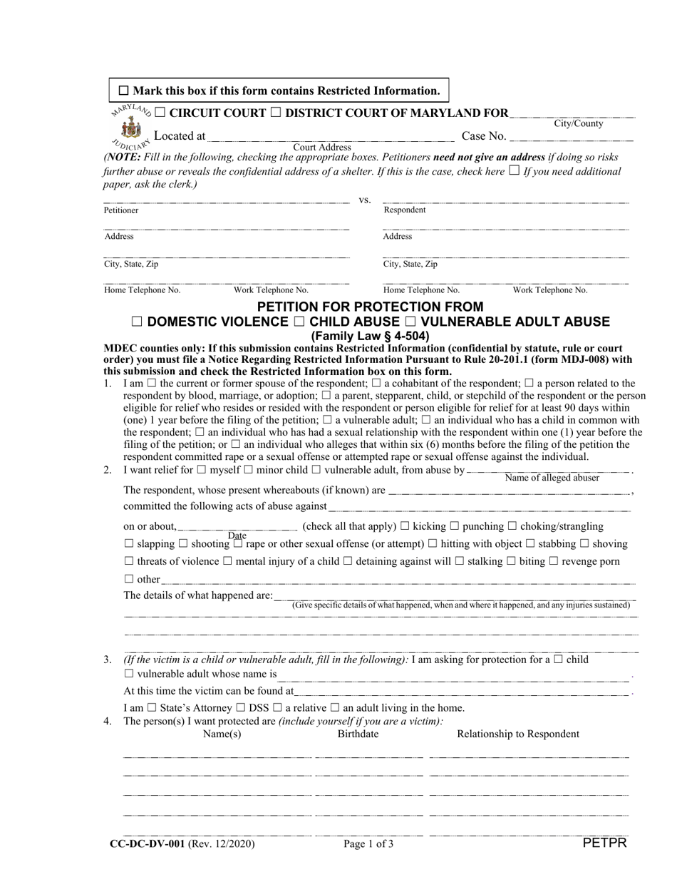 Form CC-DC-DV-001 Petition for Protection From Domestic Violence / Child Abuse / Vulnerable Adult Abuse - Maryland, Page 1
