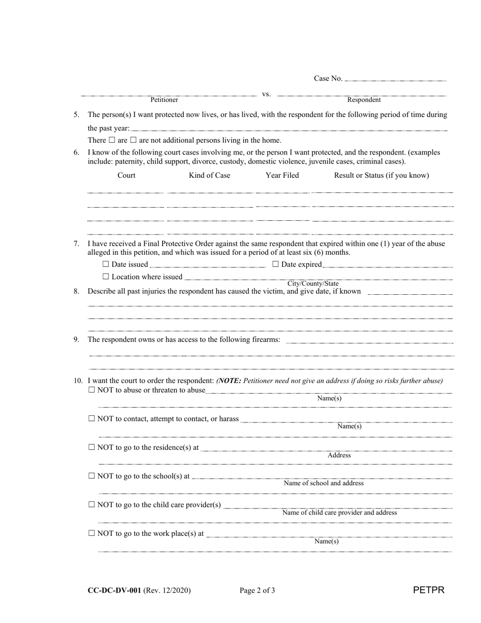 Form CC-DC-DV-001 Petition for Protection From Domestic Violence / Child Abuse / Vulnerable Adult Abuse - Maryland, Page 2