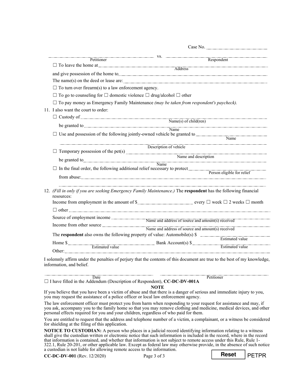Form CC-DC-DV-001 Petition for Protection From Domestic Violence / Child Abuse / Vulnerable Adult Abuse - Maryland, Page 3