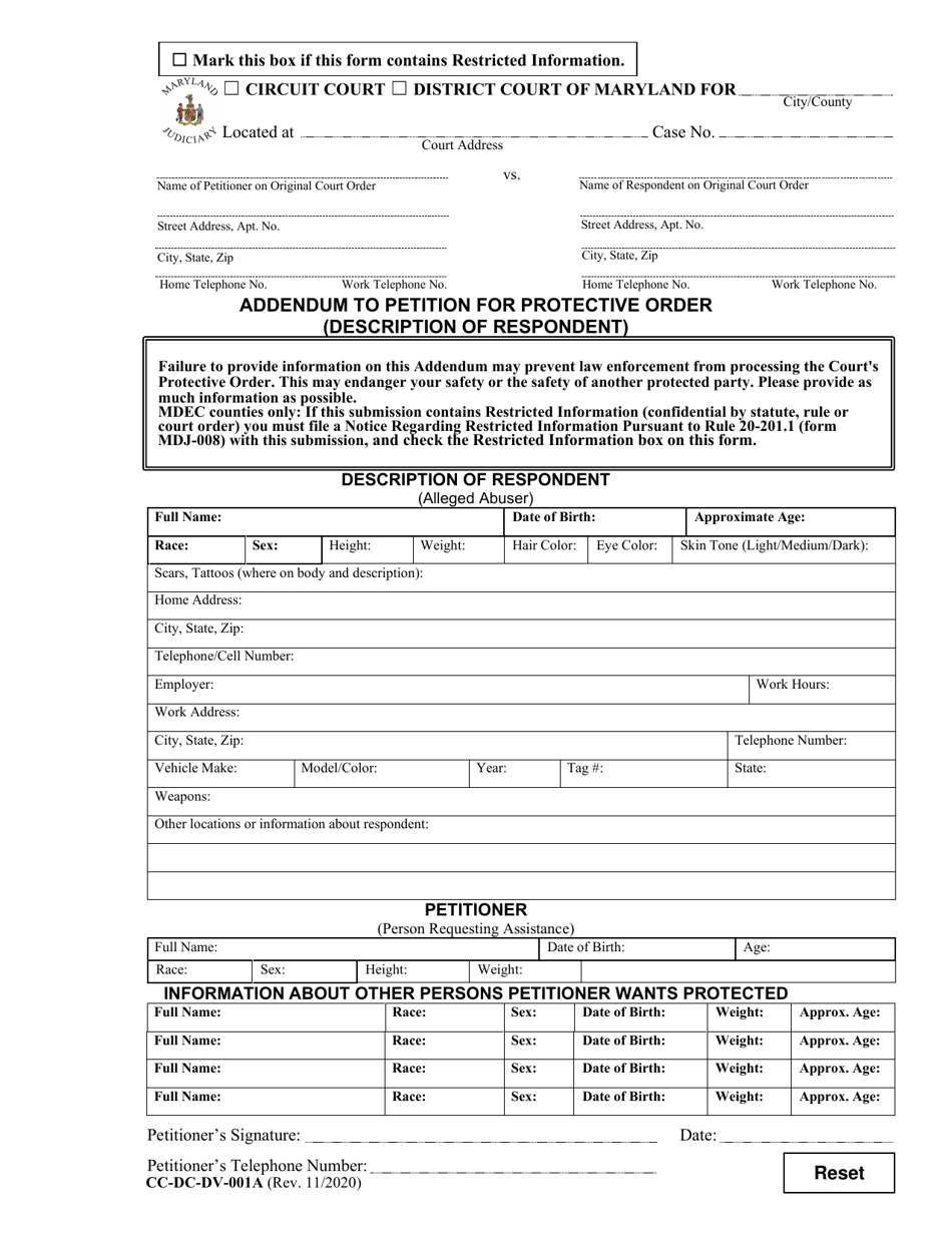 Form CC-DC-DV-001A Addendum to Petition for Protective Order (Description of Respondent) - Maryland, Page 1