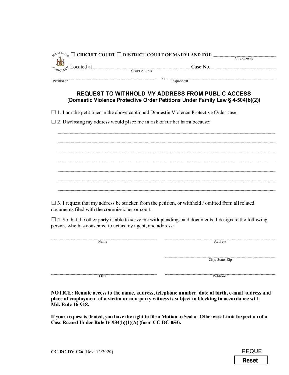 Form CC-DC-DV-026 Request to Withhold My Address From Public Access (Domestic Violence Protective Order Petitions Under Family Law 4-504(B)(2)) - Maryland, Page 1