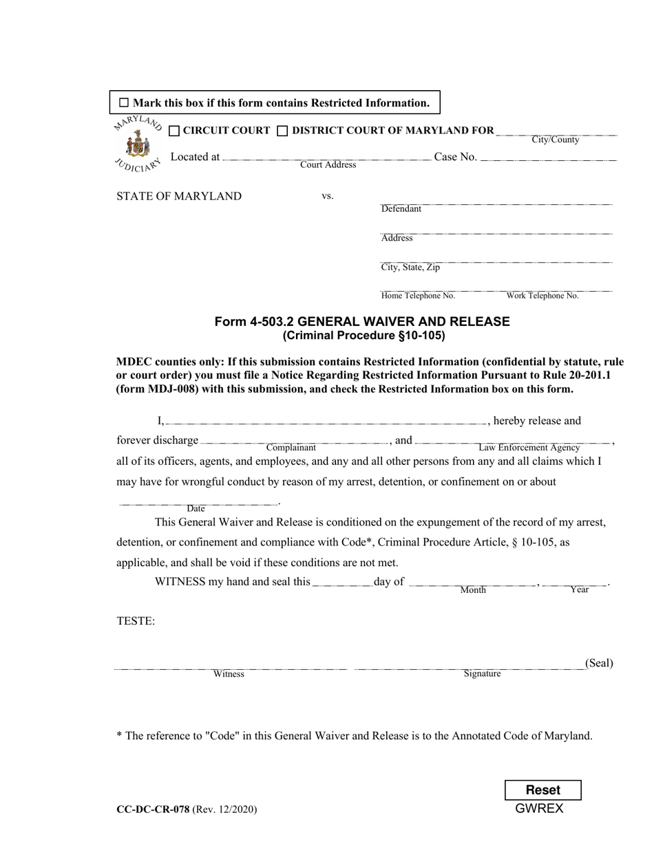 Form CC-DC-CR-078 (4-503.2) General Waiver and Release - Maryland, Page 1