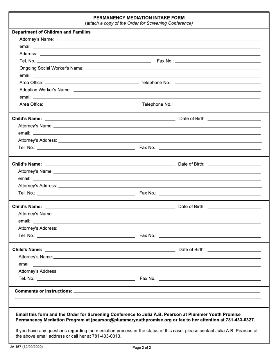 Form JV-167 Permanency Mediation Intake Form - Massachusetts, Page 2
