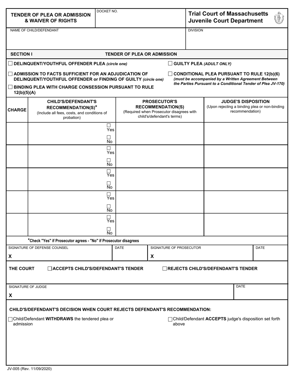 Form JV-005 Tender of Plea or Admission  Waiver of Rights - Massachusetts, Page 1