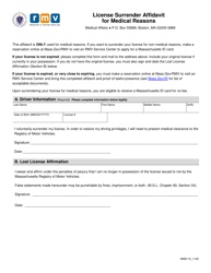 Form MAB110 License Surrender Affidavit for Medical Reasons - Massachusetts