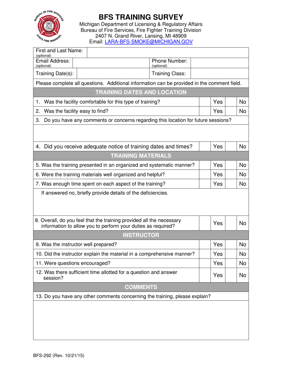 Form BFS-292 Bfs Training Survey - Michigan, Page 1