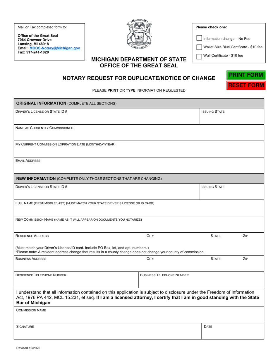 Notary Request for Duplicate / Notice of Change - Michigan, Page 1