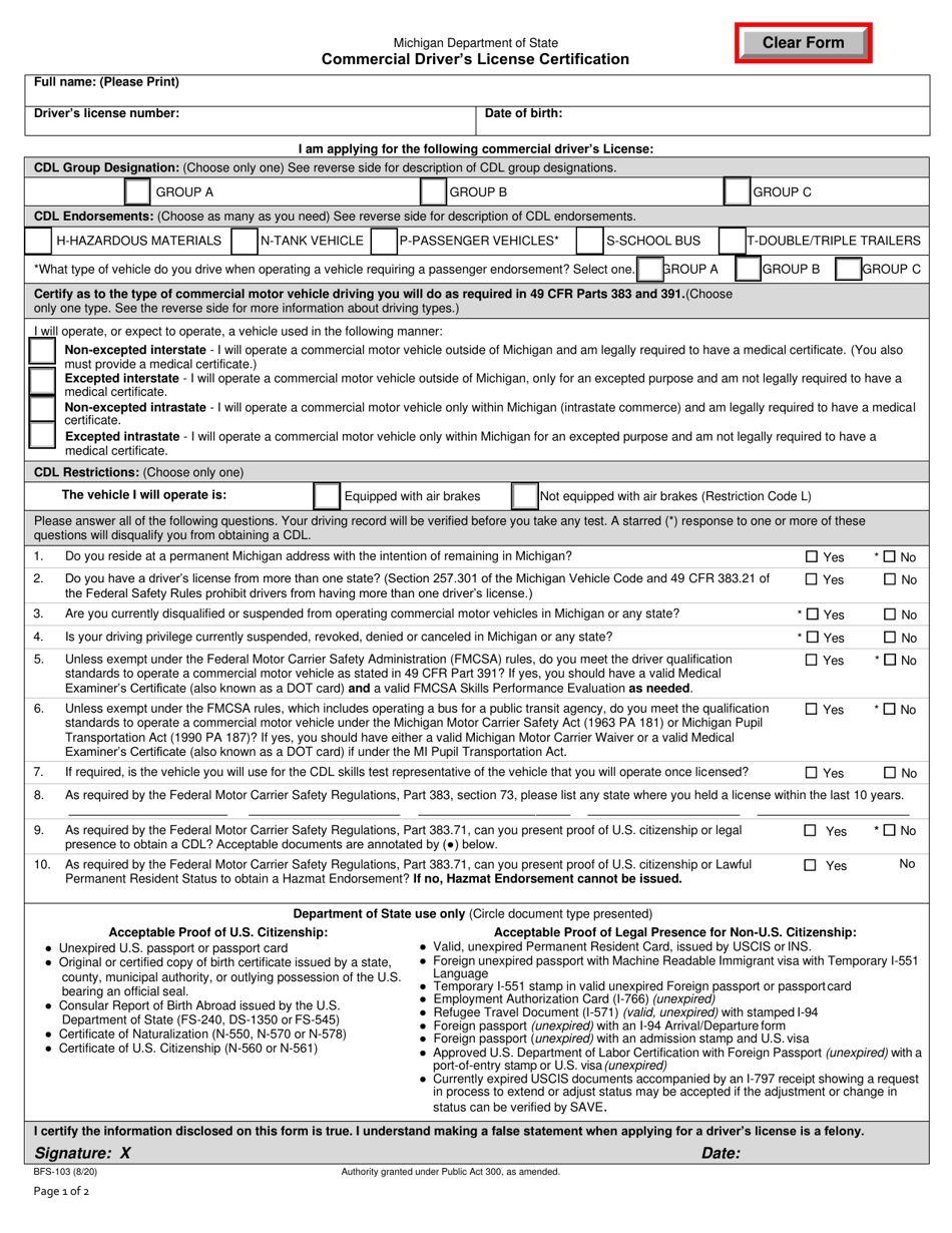 Form BFS-103 Commercial Drivers License Certification - Michigan, Page 1