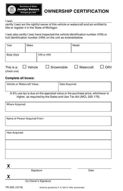 Form TR 205 Download Fillable PDF or Fill Online Ownership