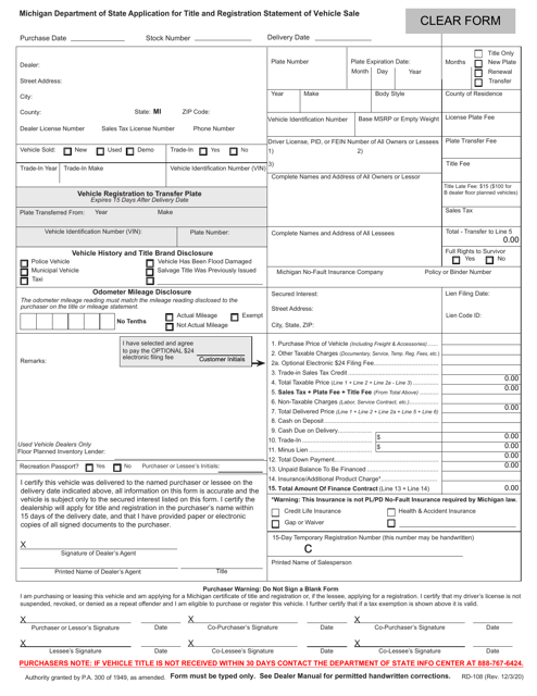 Form RD-108 Application for Title and Registration Statement of Vehicle Sale - Michigan