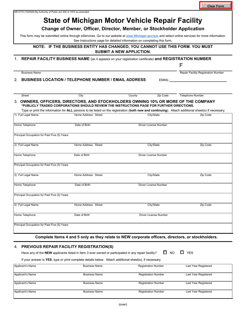 Form AR-0175 Change of Owner, Officer, Director, Member, or Stockholder Application - Michigan, Page 1