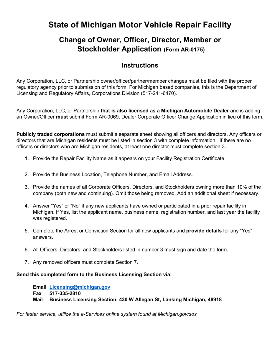 Form AR-0175 Change of Owner, Officer, Director, Member, or Stockholder Application - Michigan, Page 3