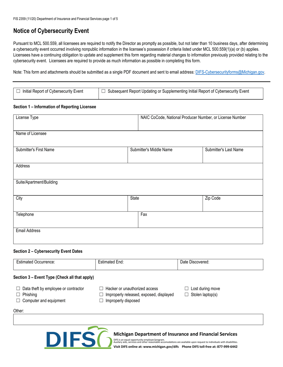 Form FIS2359 Notice of Cybersecurity Event - Michigan, Page 1