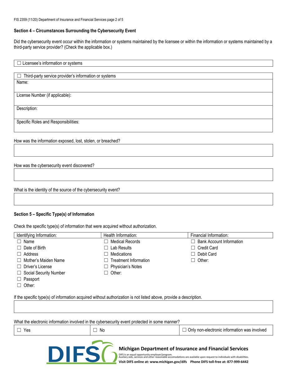 Form FIS2359 Notice of Cybersecurity Event - Michigan, Page 2