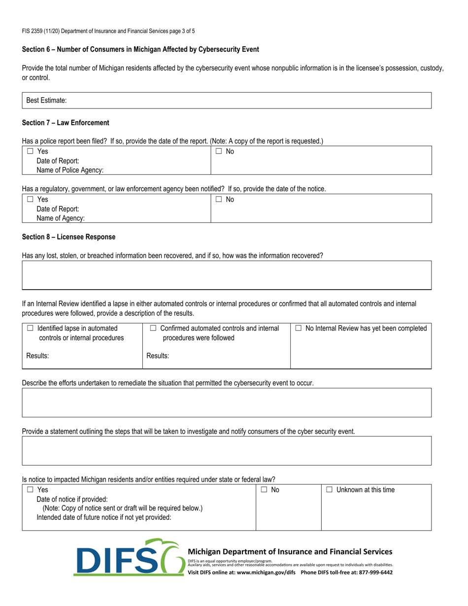 Form FIS2359 Notice of Cybersecurity Event - Michigan, Page 3