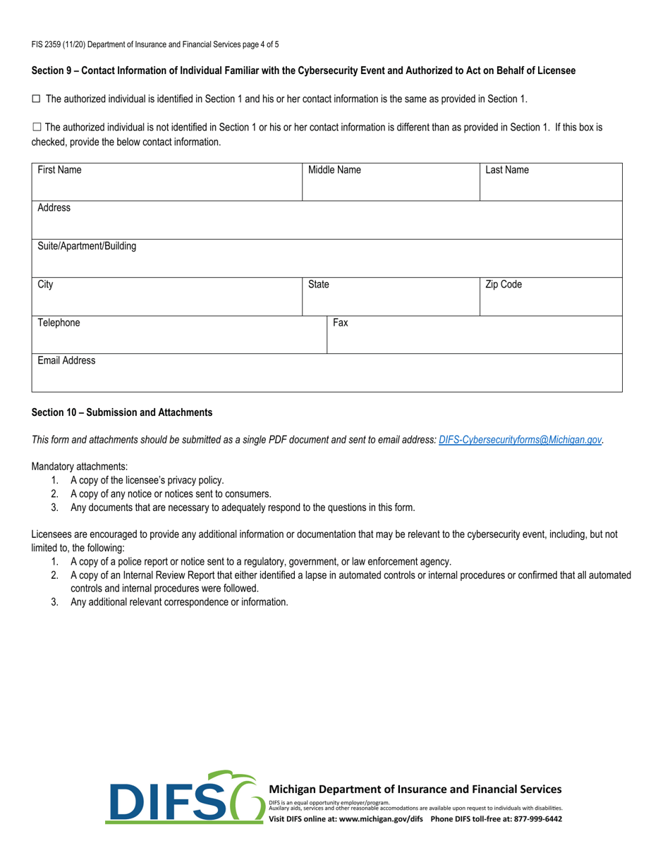 Form FIS2359 Notice of Cybersecurity Event - Michigan, Page 4
