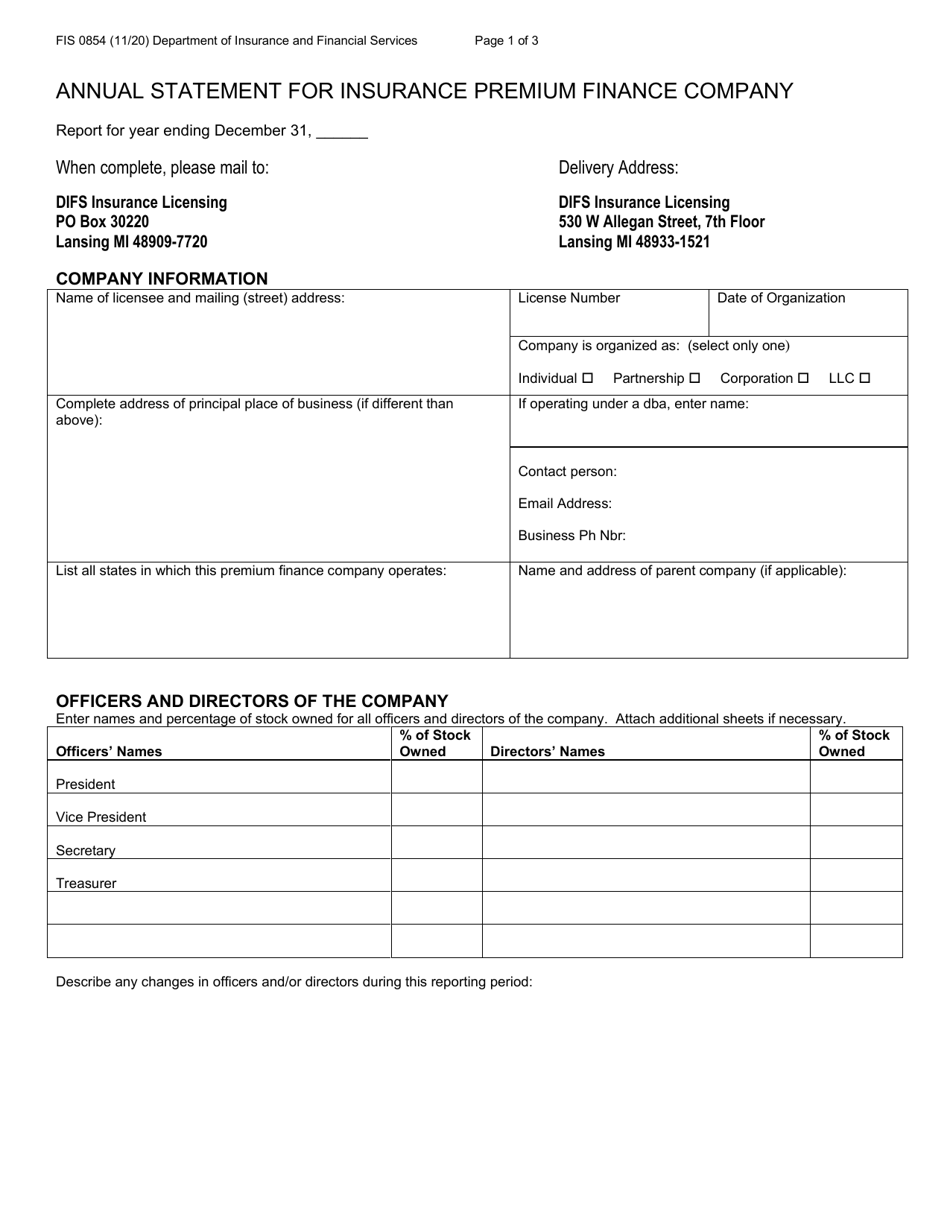Form FIS0854 Annual Statement for Insurance Premium Finance Company - Michigan, Page 1