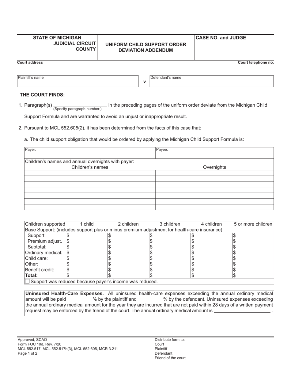 Form FOC10D Uniform Child Support Order Deviation Addendum - Michigan, Page 1