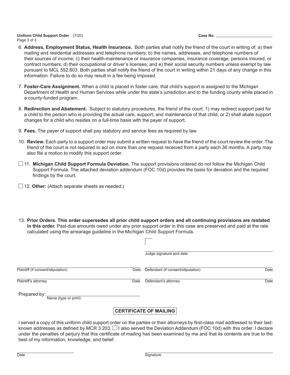 Form FOC10 / 52 Uniform Child Support Order - Michigan, Page 3