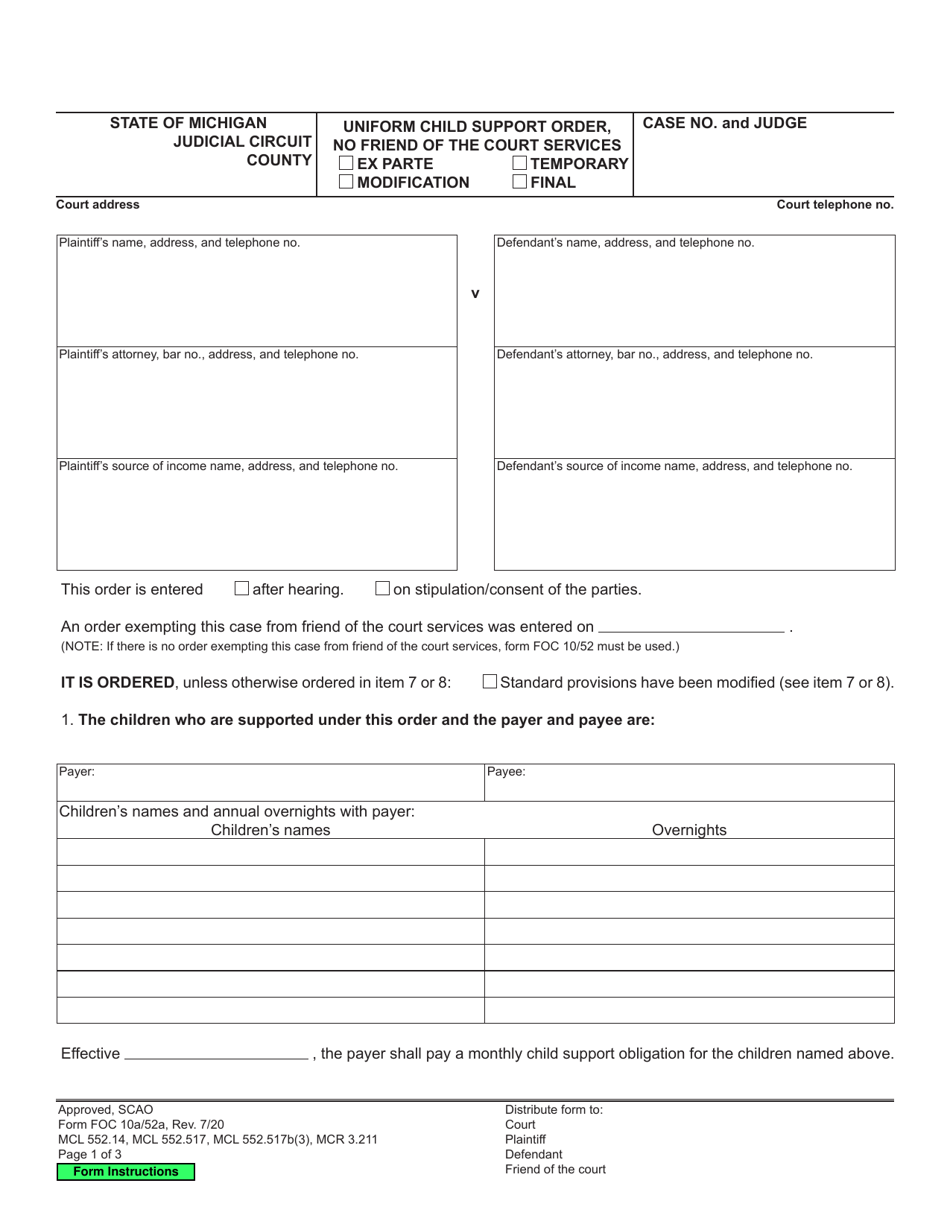 Form FOC10A / 52A Uniform Child Support Order, No Friend of the Court Services - Michigan, Page 1