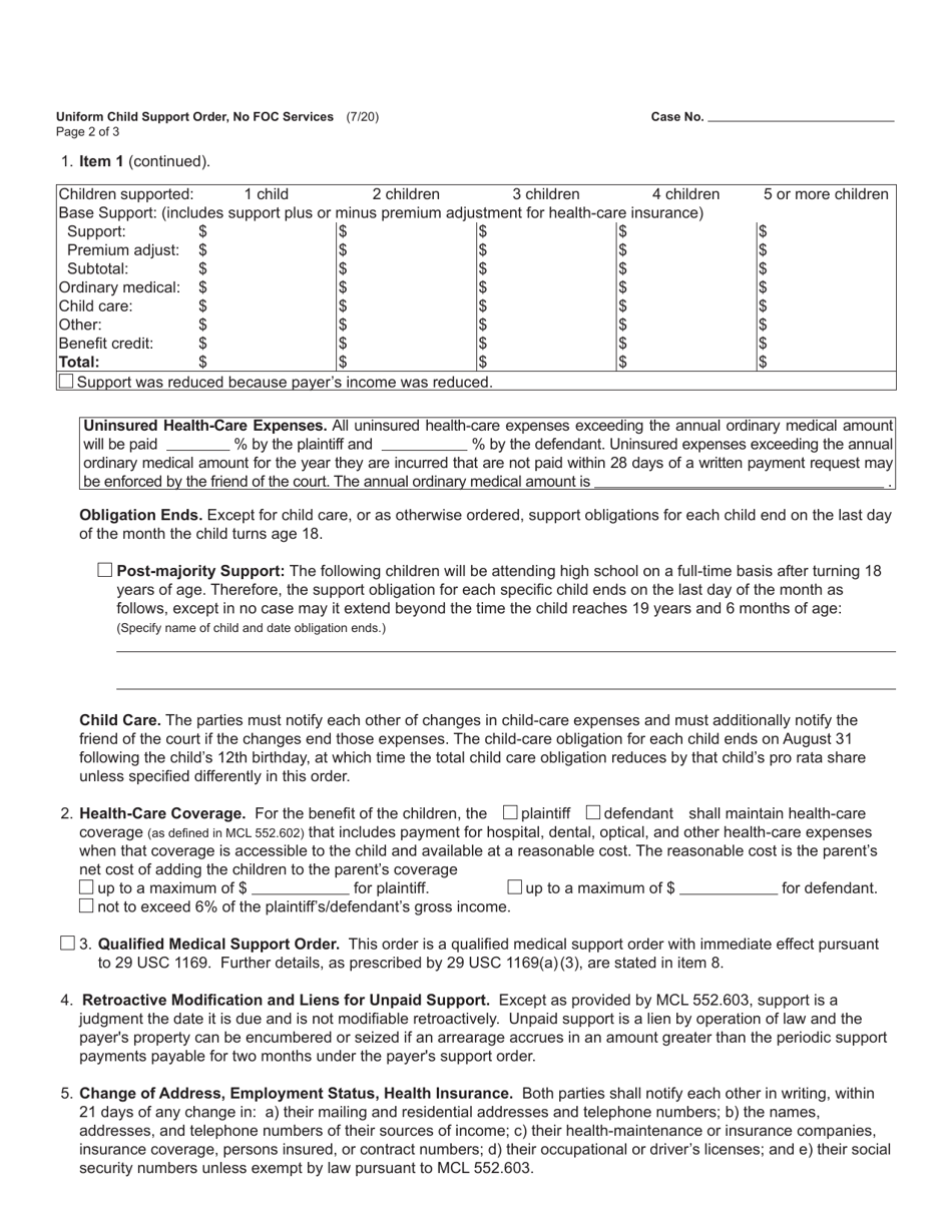 Form FOC10A / 52A Uniform Child Support Order, No Friend of the Court Services - Michigan, Page 2