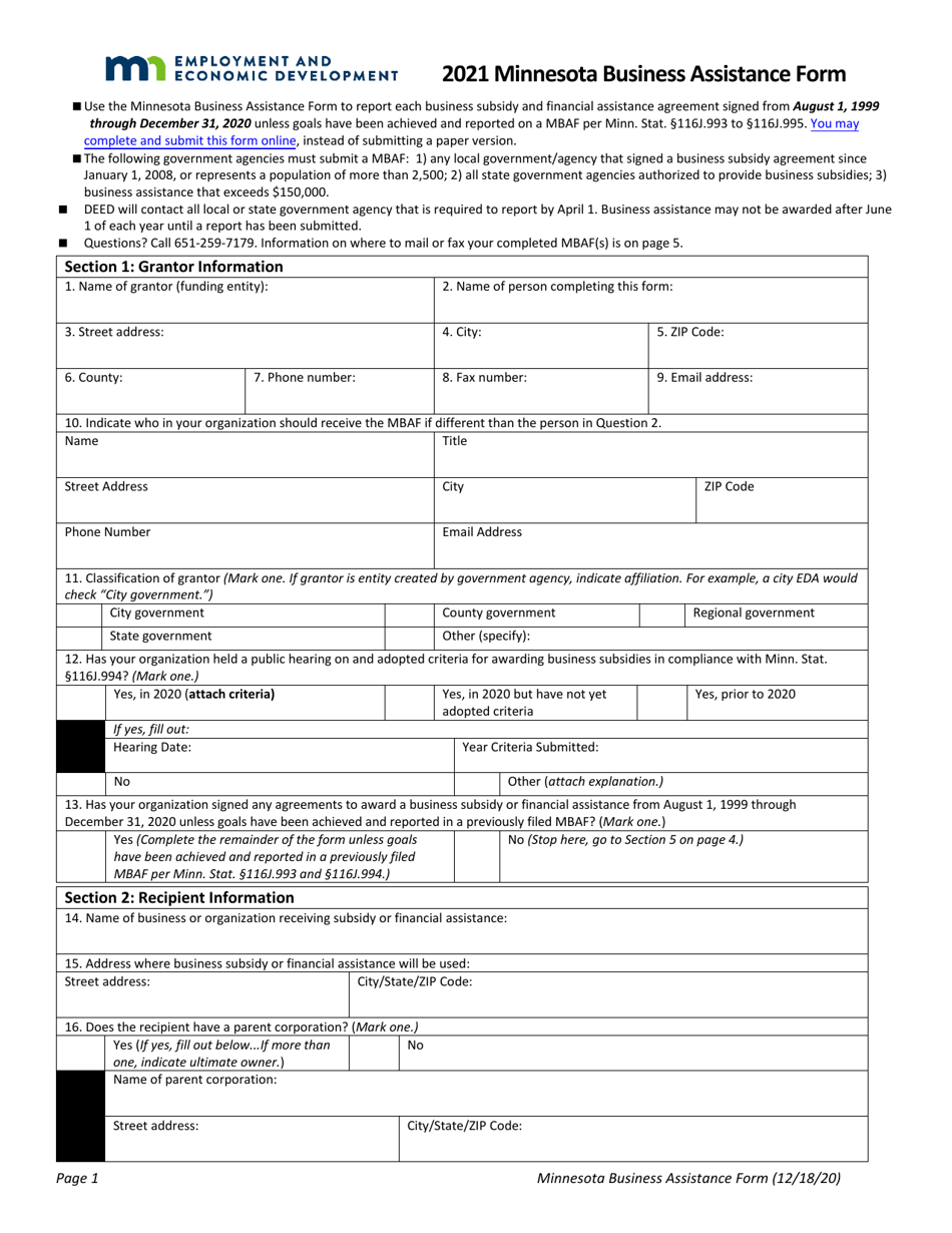 2021 Minnesota Minnesota Business Assistance Form Download Fillable PDF