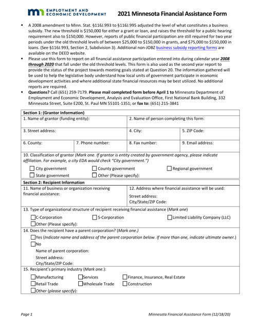 Minnesota Financial Assistance Form - Minnesota Download Pdf