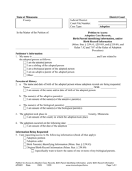 Document preview: Form ADO601 Petition to Access Adoption Case Records, Birth Parent Identifying Information, and/or Birth Record Information - Minnesota