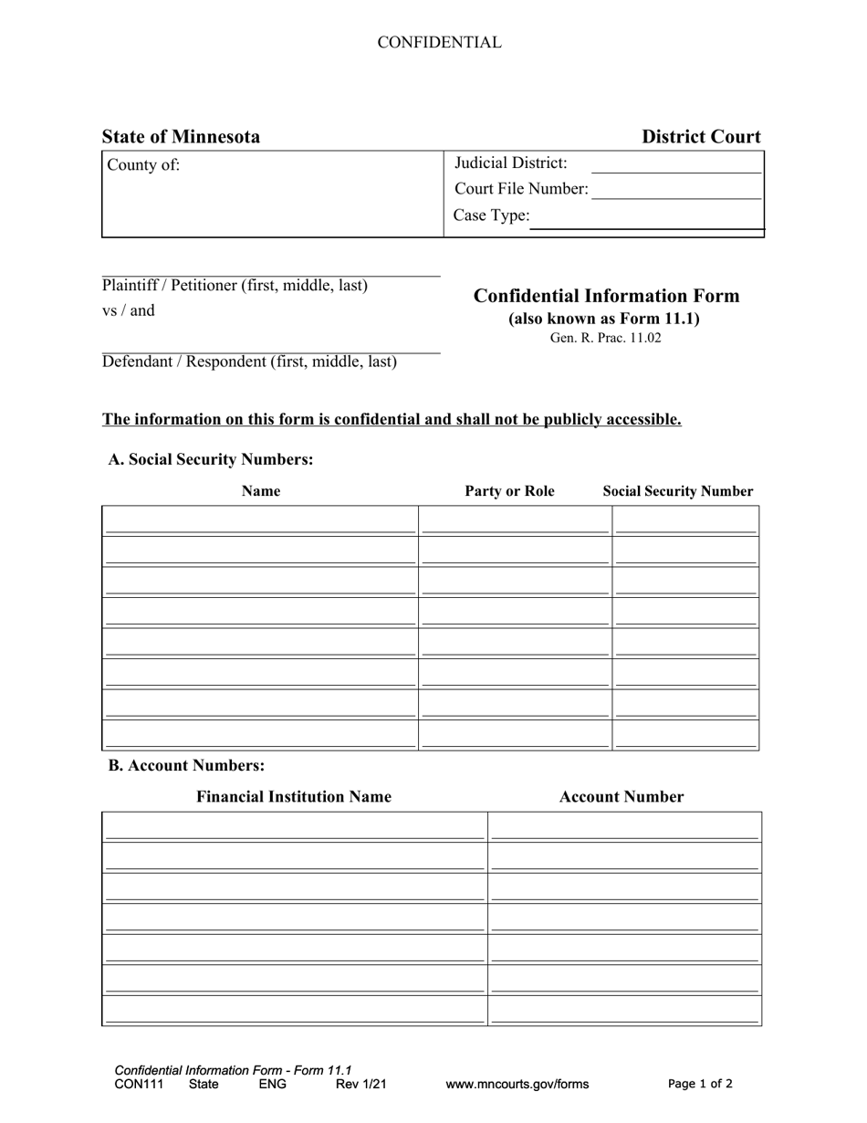 Form CON111 (11.1) Confidential Information Form - Minnesota, Page 1