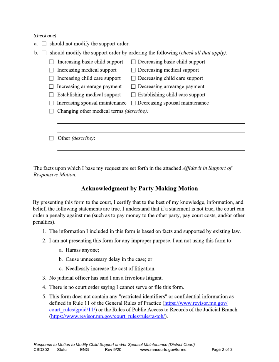 Form CSD302 Response to Motion to Modify Child Support and / or Spousal Maintenance - Minnesota, Page 2