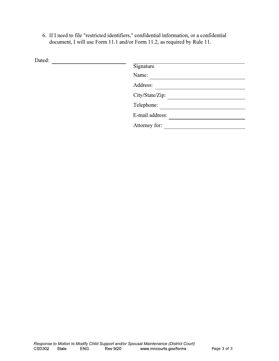 Form CSD302 Response to Motion to Modify Child Support and / or Spousal Maintenance - Minnesota, Page 3