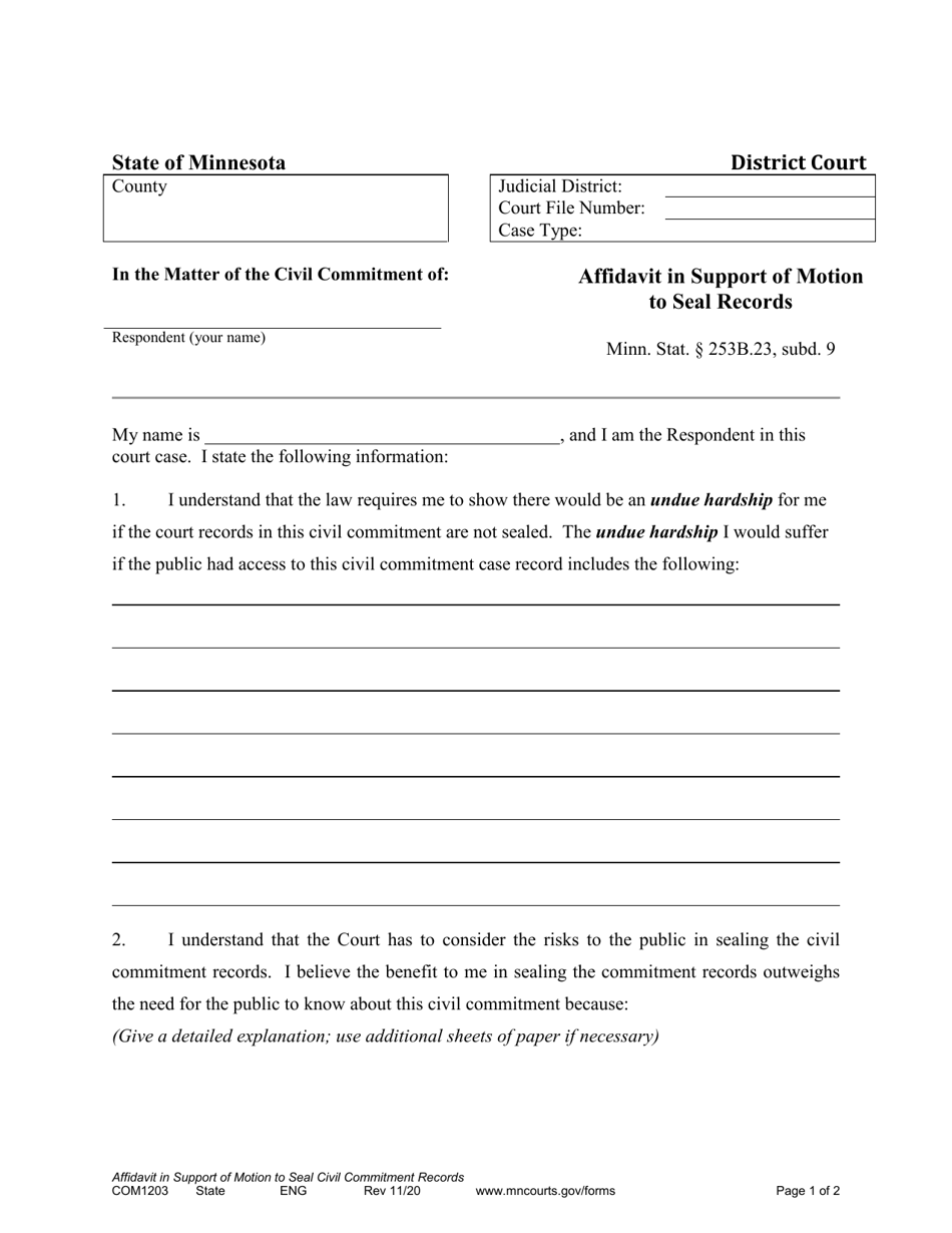 Form COM1203 Affidavit in Support of Motion to Seal Records - Minnesota, Page 1