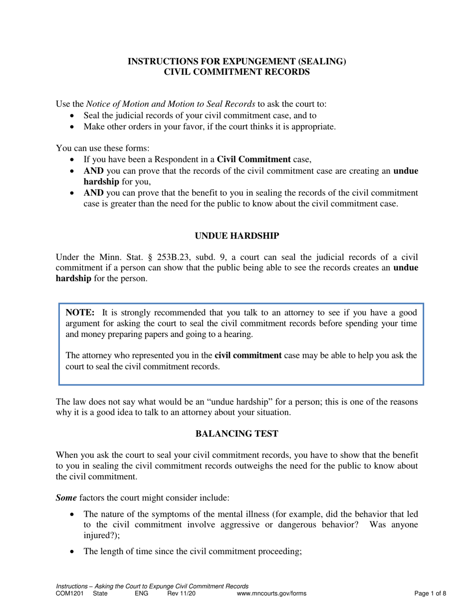 Form COM1201 Instructions for Expungement (Sealing) Civil Commitment Record - Minnesota, Page 1