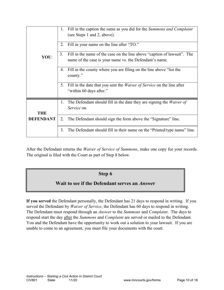 Form CIV801 Instructions - Starting a Civil Case in District Court - Minnesota, Page 10
